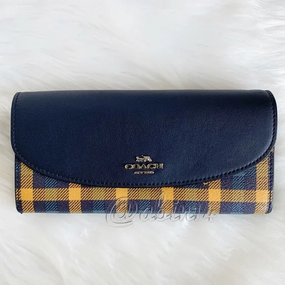 NWT Coach Leather Canvas Envelope Wallet with Gingham Print Blue Yellow - Picture 8 of 9